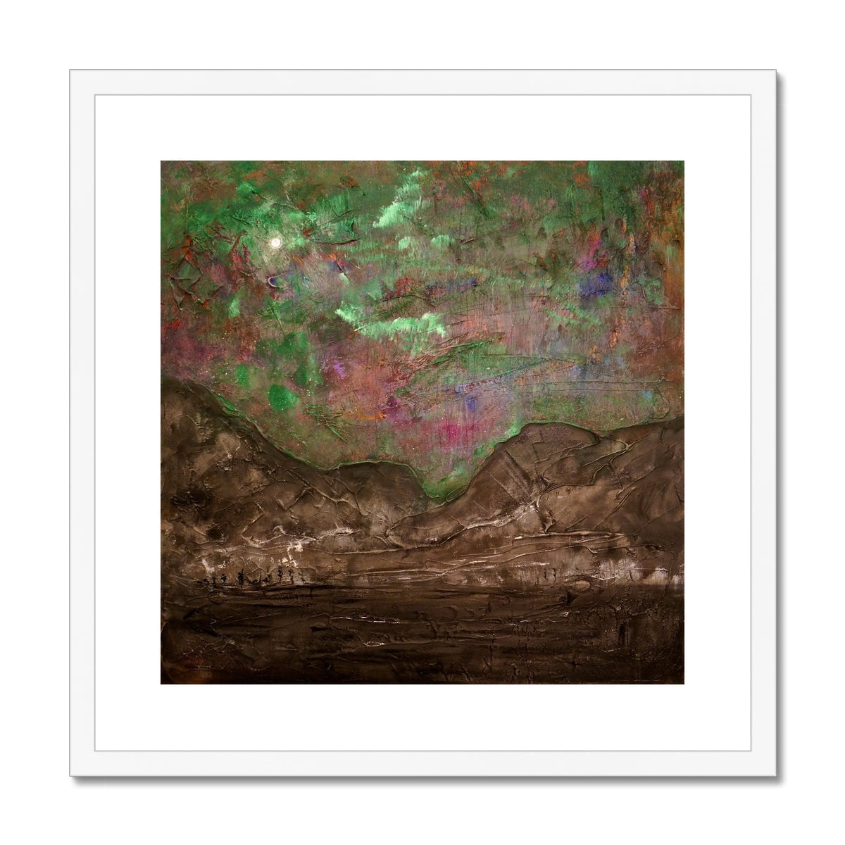 Glencoe Northern Sky abstract art print in green, pink on canvas with white frame