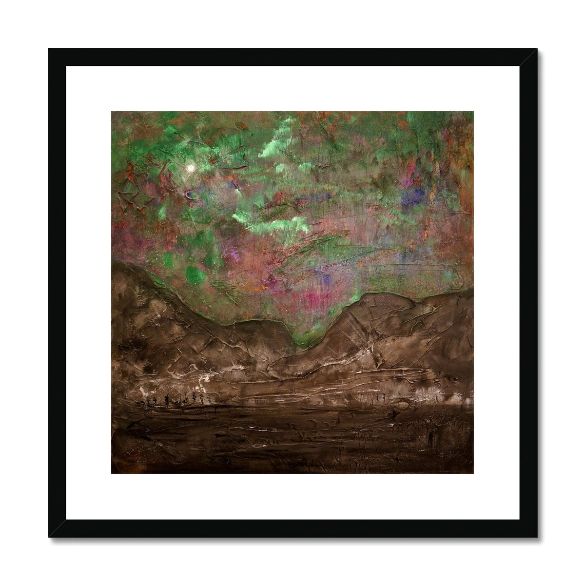 Glencoe Northern Sky abstract art print in black frame with green purple hues