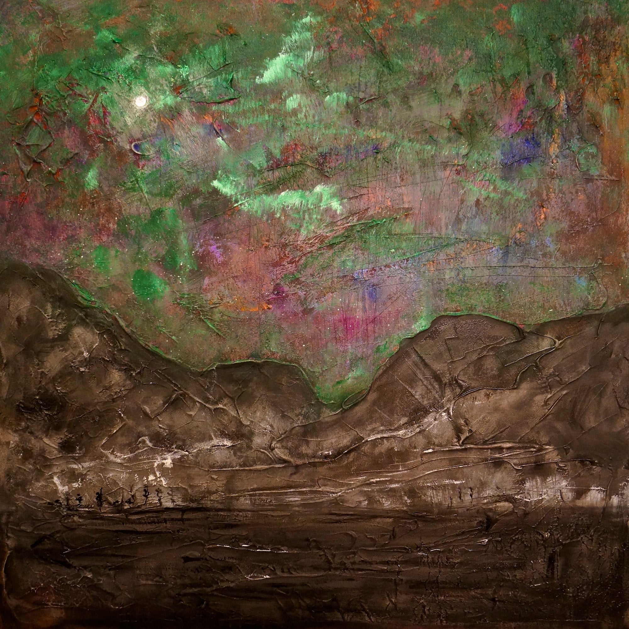 Textured Glencoe Northern Sky Original Painting of a colorful moonlit sky over rugged mountains