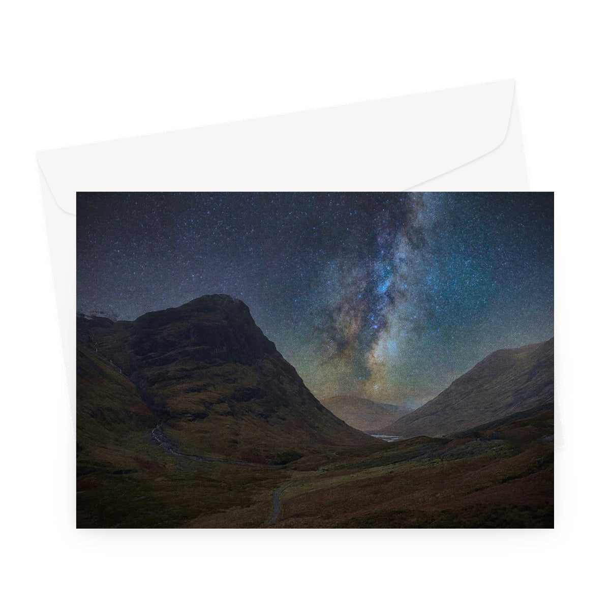 Glencoe Starlight Greeting Card with night sky galaxy and mountains