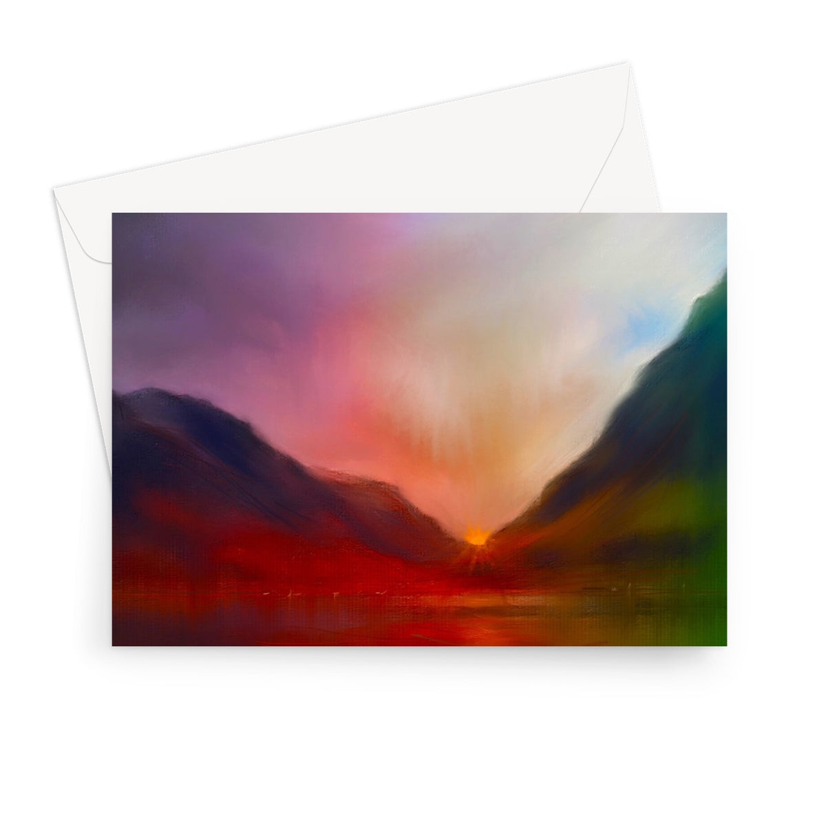 Glencoe Sunset Art Gifts Greeting Card-Greetings Cards-Glencoe Art Gallery-7"x5"-10 Cards-Paintings, Prints, Homeware, Art Gifts From Scotland By Scottish Artist Kevin Hunter