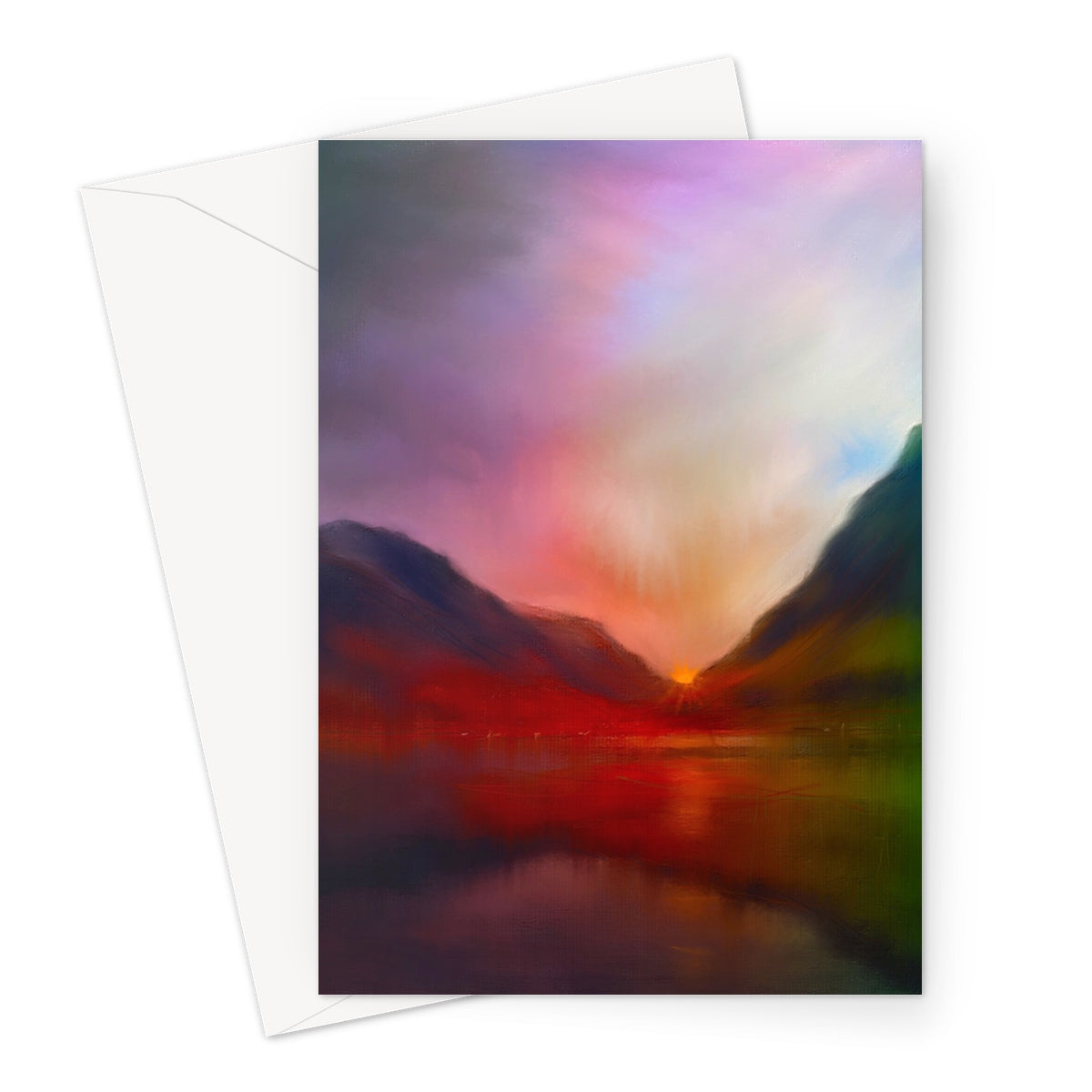 Glencoe Sunset Art Gifts Greeting Card-Greetings Cards-Glencoe Art Gallery-A5 Portrait-10 Cards-Paintings, Prints, Homeware, Art Gifts From Scotland By Scottish Artist Kevin Hunter