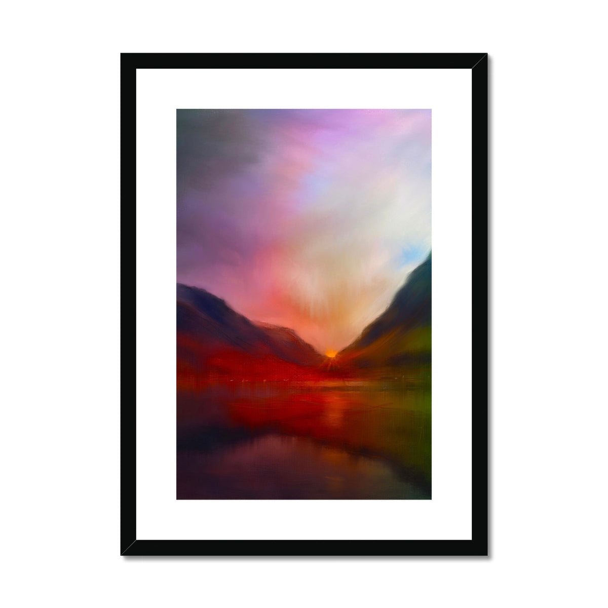 Glencoe Sunset art print: black framed abstract landscape with colorful gradient and mountain silhouette