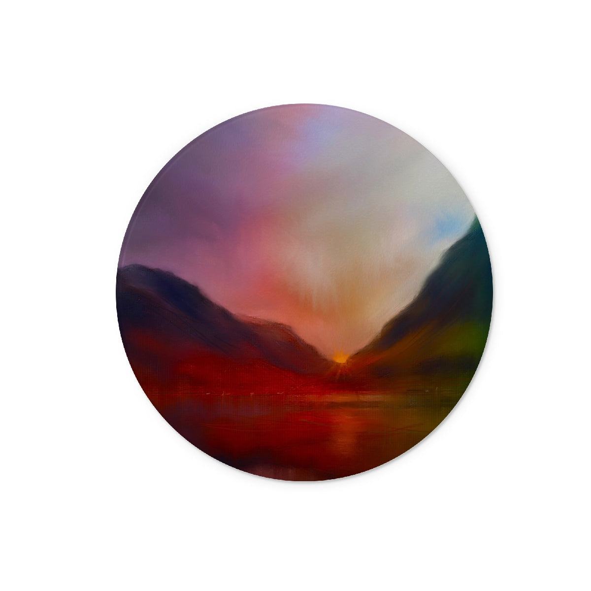 Glencoe Sunset circular sticker with vibrant red purple mountain landscape
