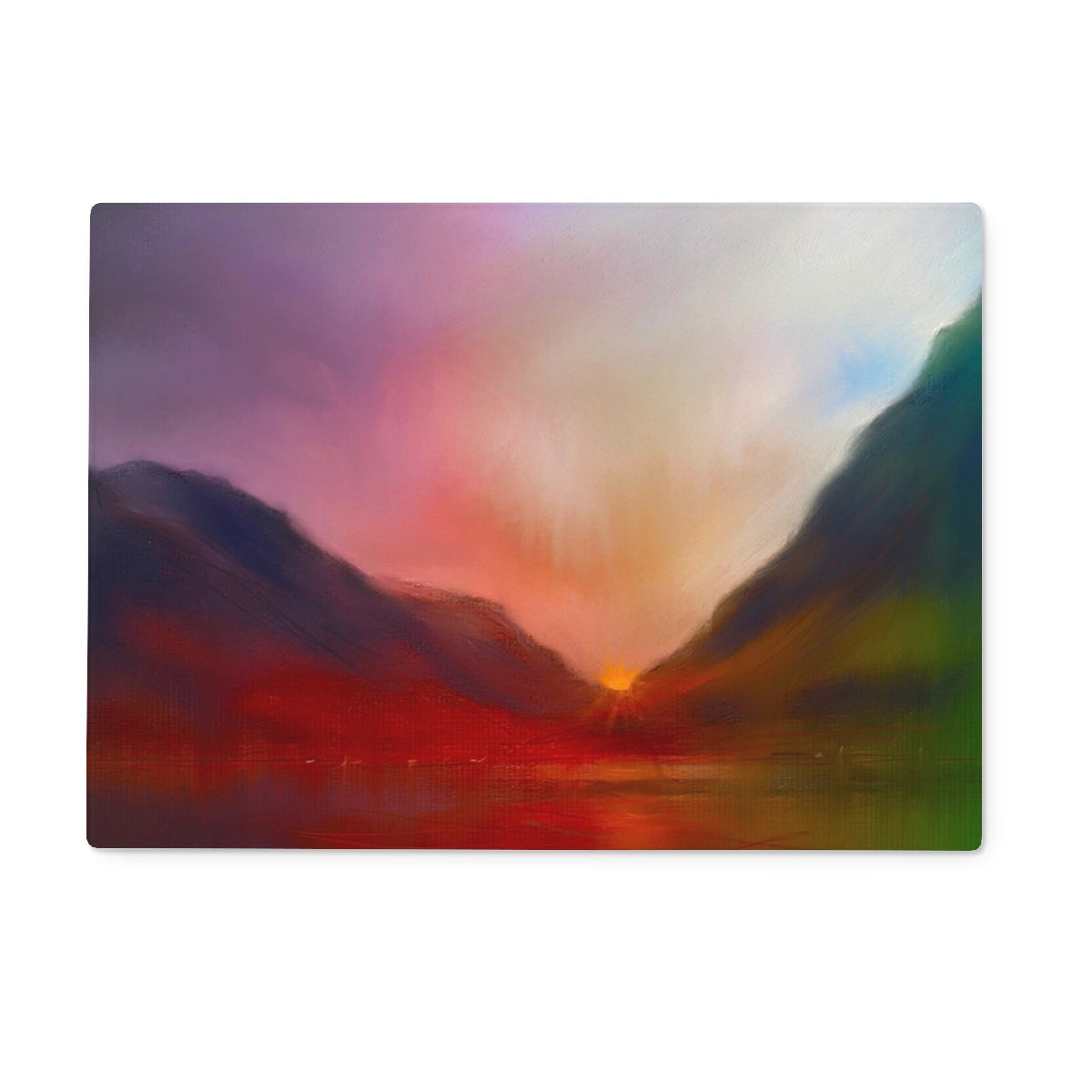 Vibrant Glencoe sunset painting on glass chopping board with mountains and lake