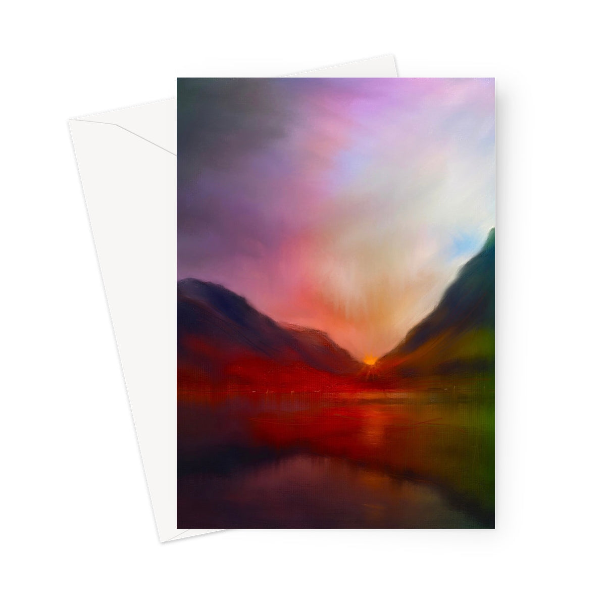 Purple and pink abstract mountainous landscape on Glencoe Sunset Greeting Card