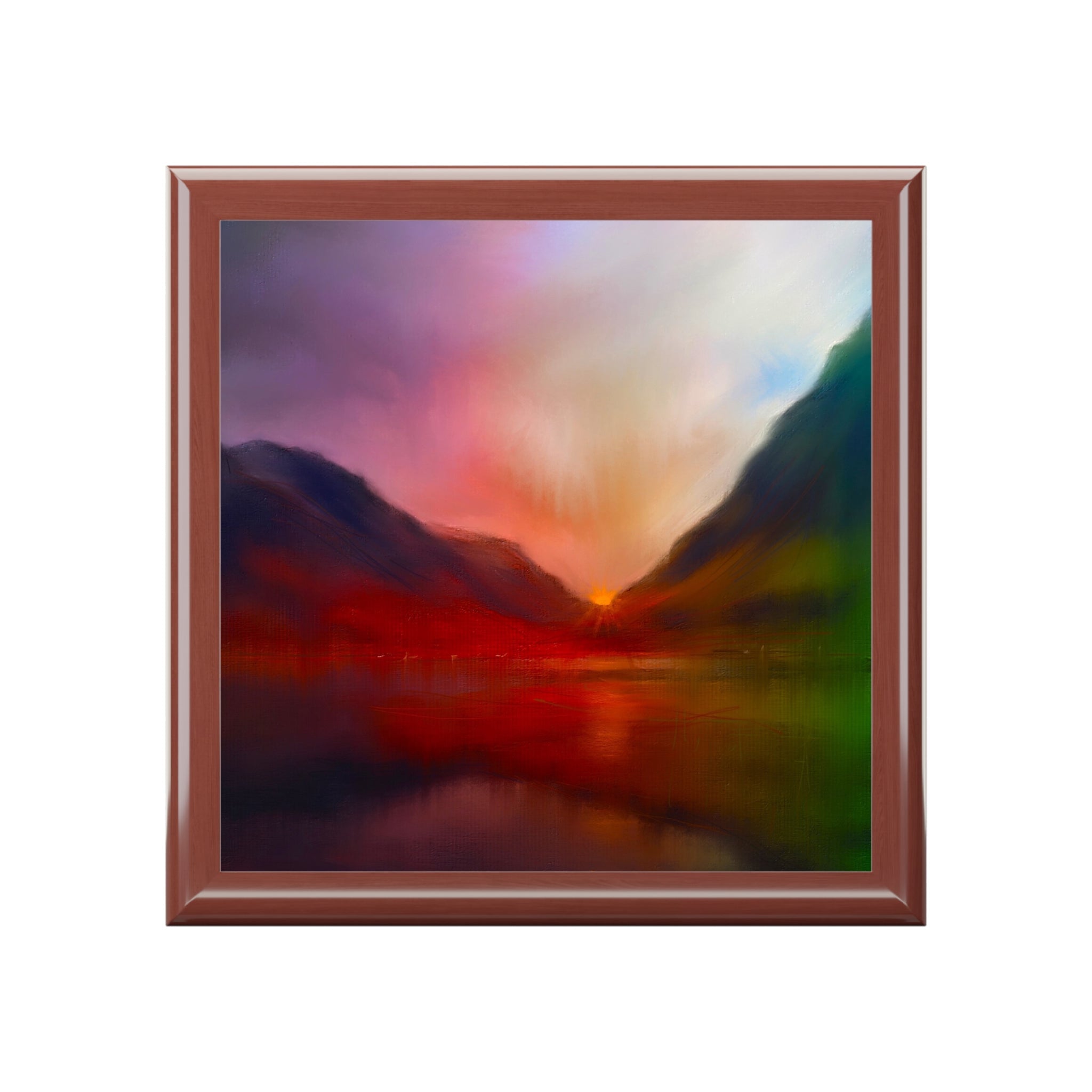 Framed painting of colorful mountain and lake landscape at sunset in Glencoe Sunset Jewellery Box Scotland