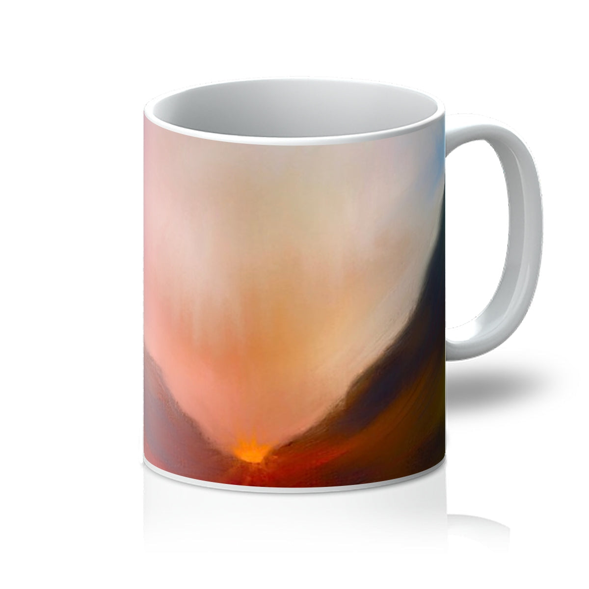 Glencoe Sunset Mug: Ceramic coffee mug with abstract floral design in light pink and orange hues, white interior