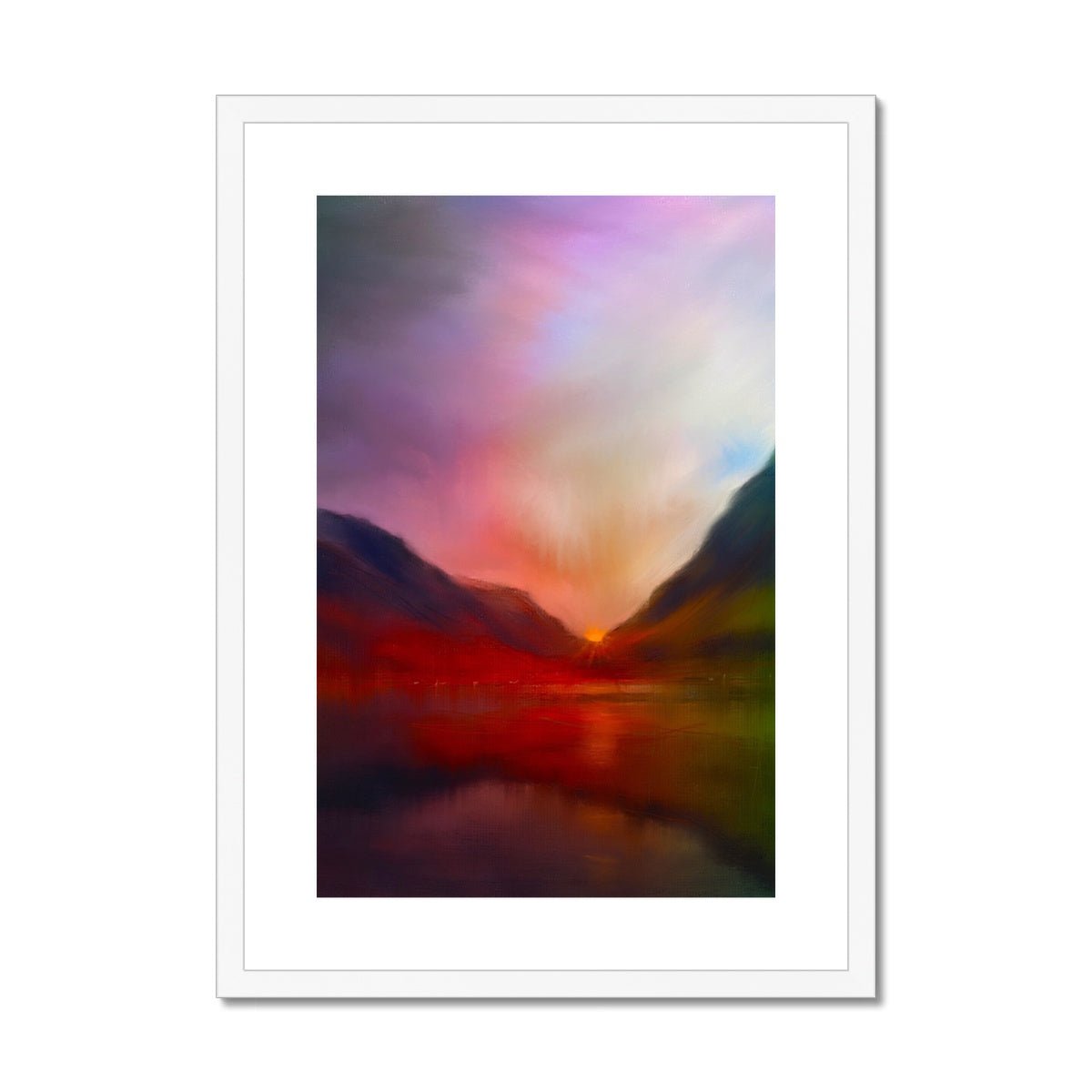Glencoe Sunset Painting | Framed & Mounted Prints From Scotland-Framed & Mounted Prints-Glencoe Art Gallery-A2 Portrait-White Frame-Paintings, Prints, Homeware, Art Gifts From Scotland By Scottish Artist Kevin Hunter