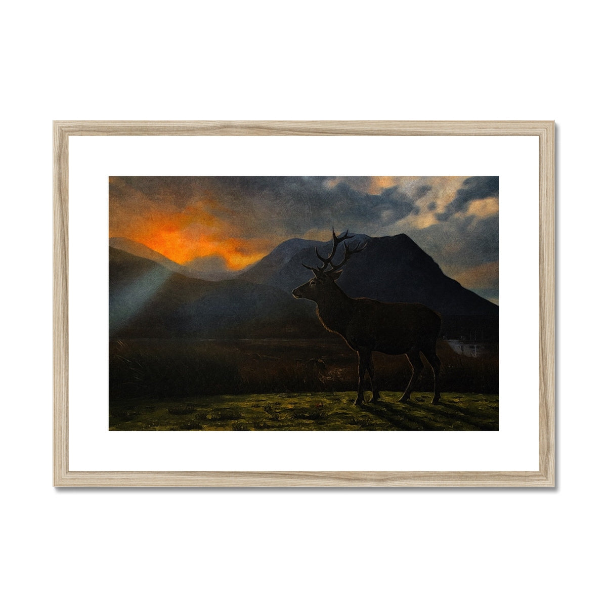 Wooden-framed deer silhouette wall art with sunset backdrop
