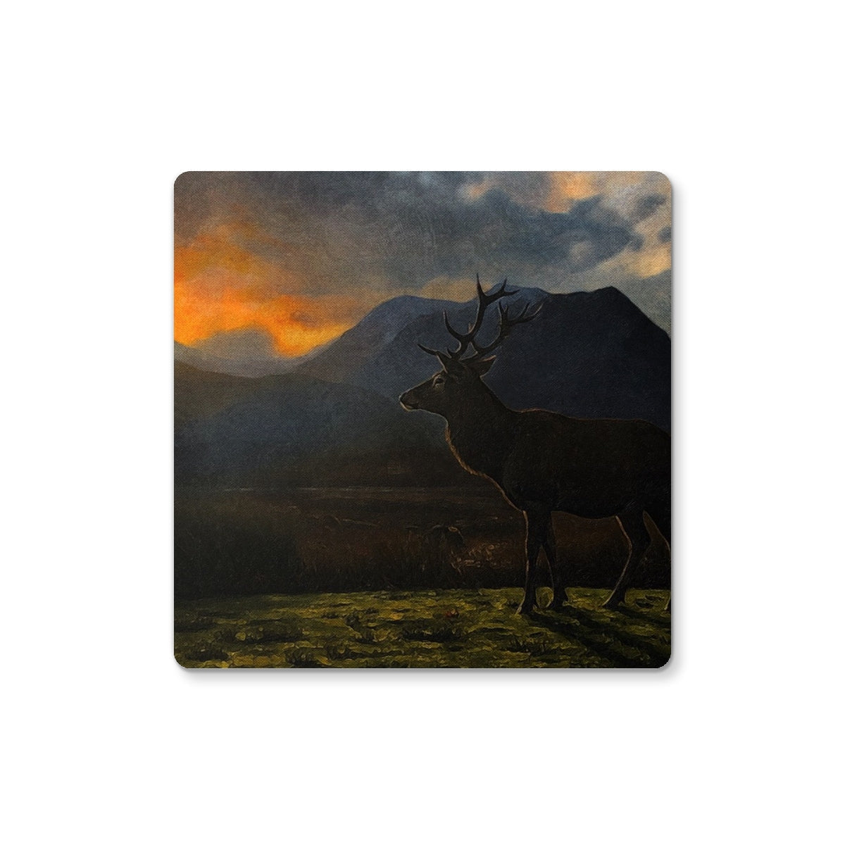 Square Glencoe Sunset Stag Coaster with silhouette and mountains
