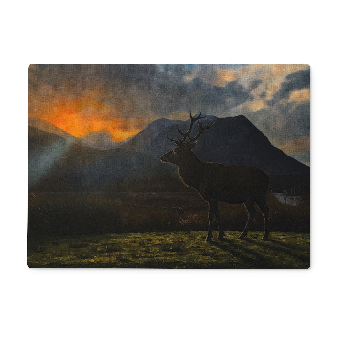 Glencoe Sunset Stag glass chopping board with silhouette art