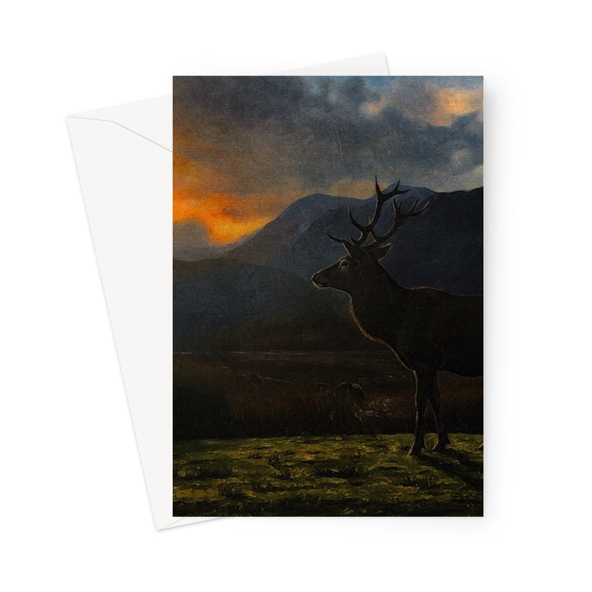 Silhouette of dark stag with antlers in Glencoe sunset over mountains, greeting card