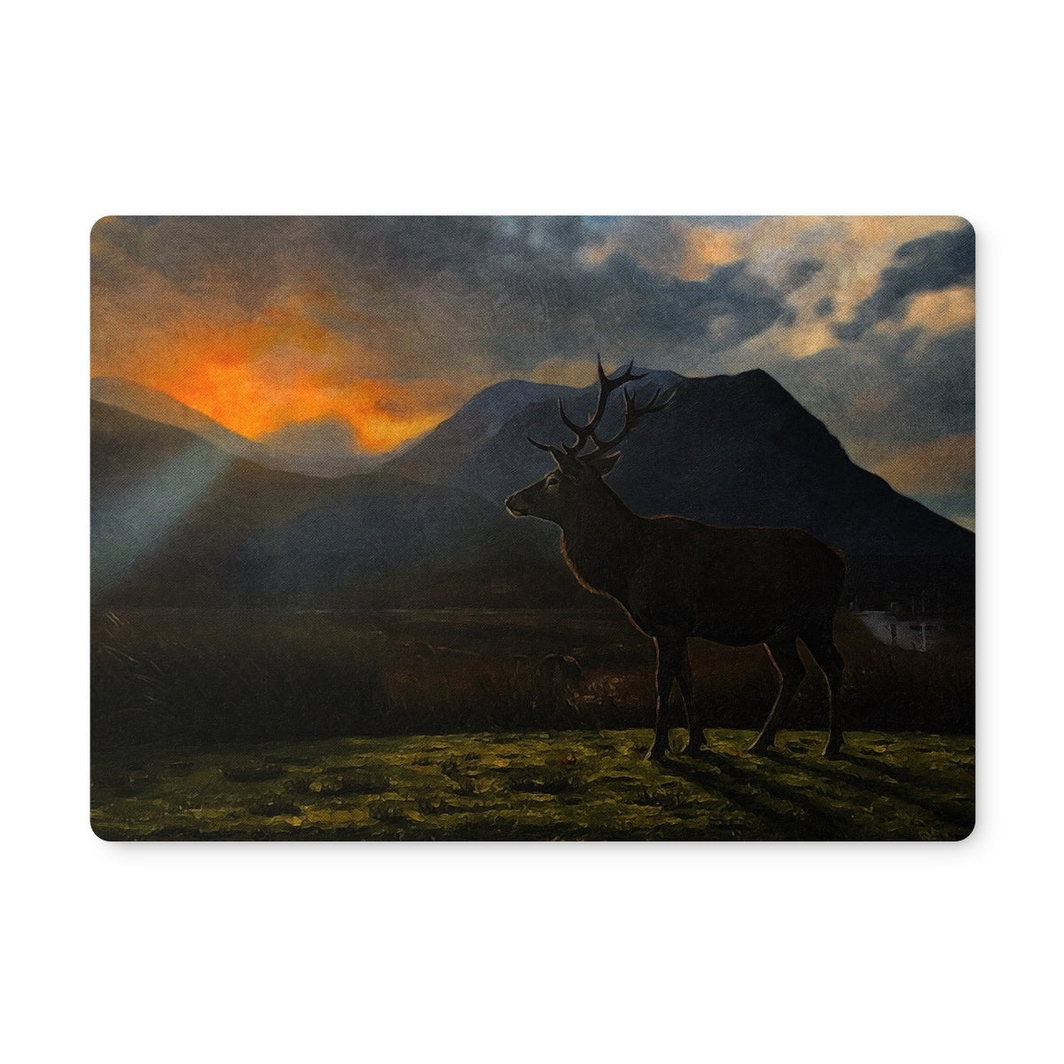 Glencoe Sunset Stag placemat with silhouetted deer against orange-gray mountains