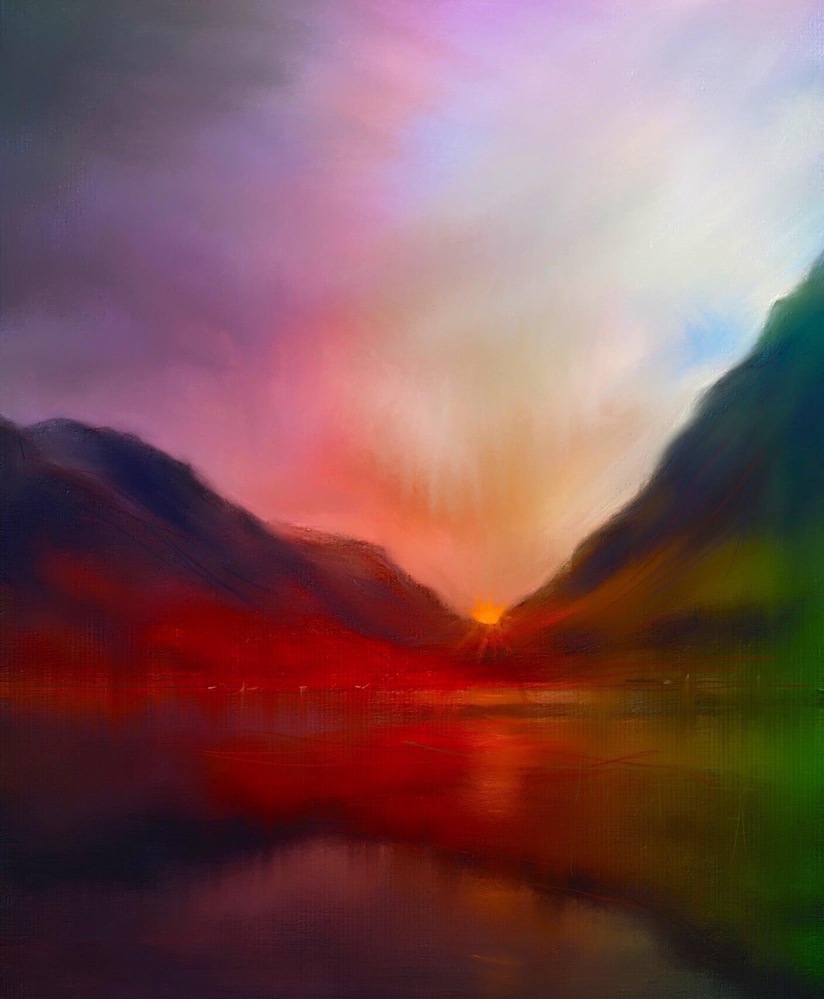 Vibrant colorful sunset painting over mountain lake for Glencoe Sunset wall art from Scotland