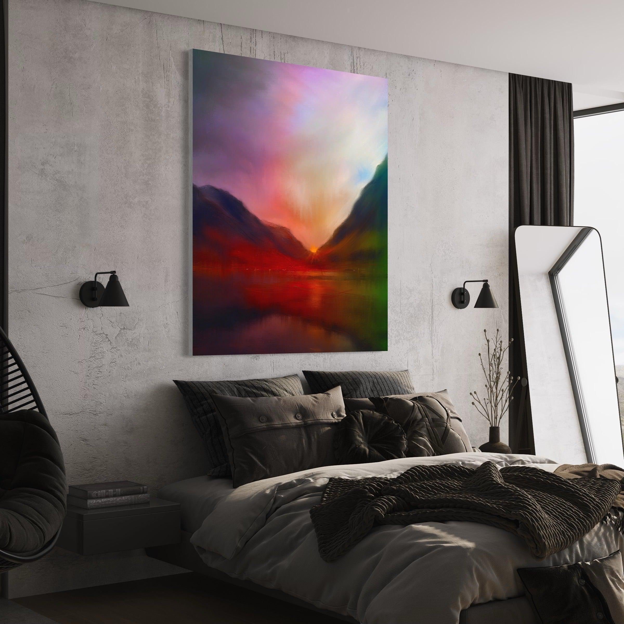 Colorful mountain landscape painting for Glencoe Sunset Scottish wall art display
