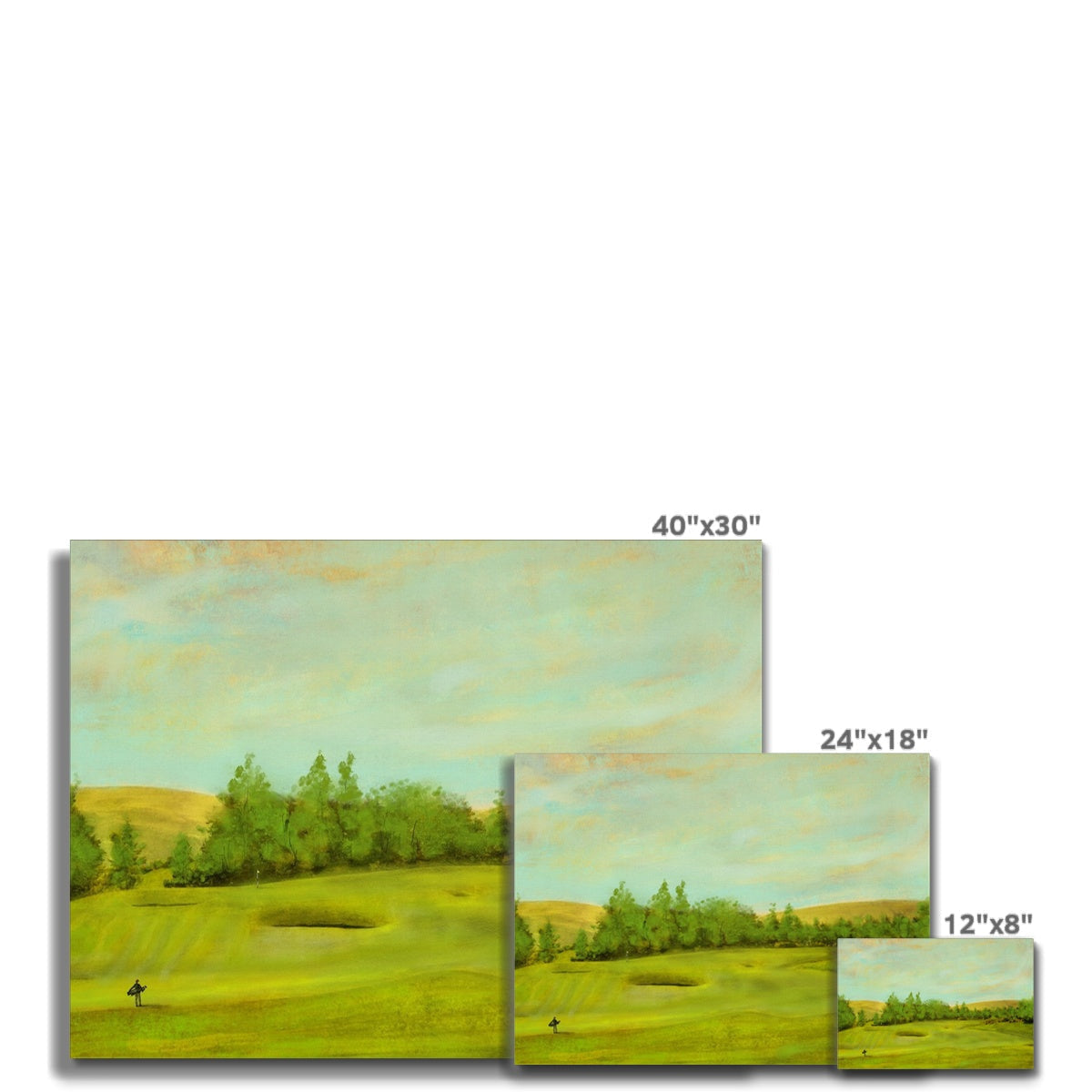 Three rectangular framed prints of a golf course landscape in varying sizes.