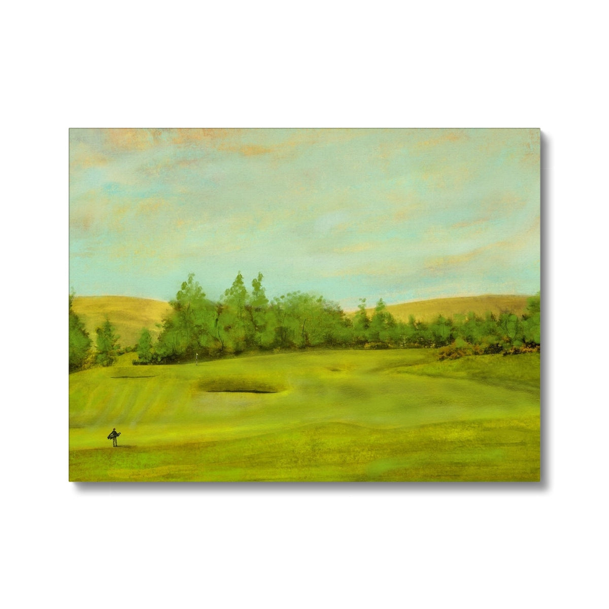 A vibrant oil painting of a golf course landscape.