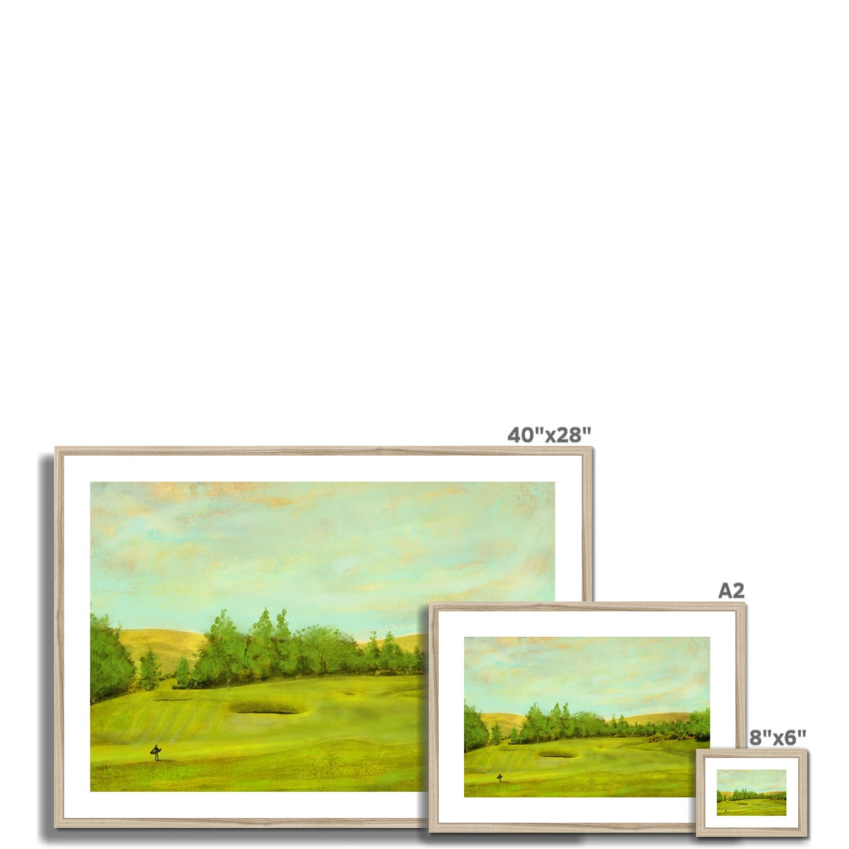 Three framed golf course paintings of varying sizes displayed with Glen Eagles King’s Golf Course print