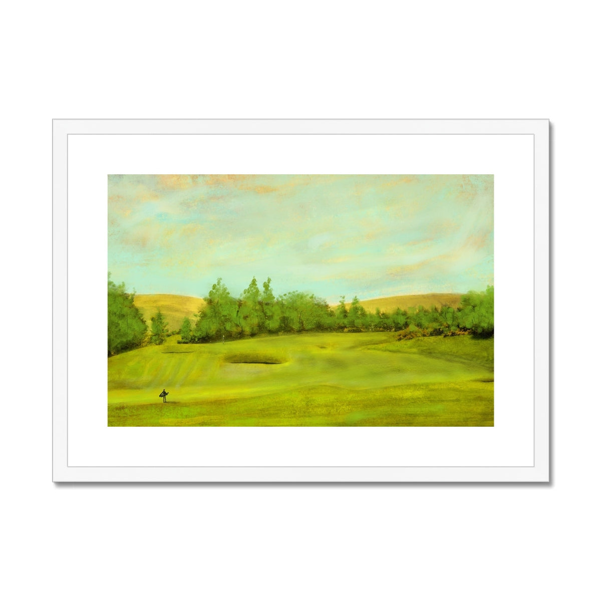 Framed golf course landscape print featuring a golfer at Glen Eagles King’s Golf Course