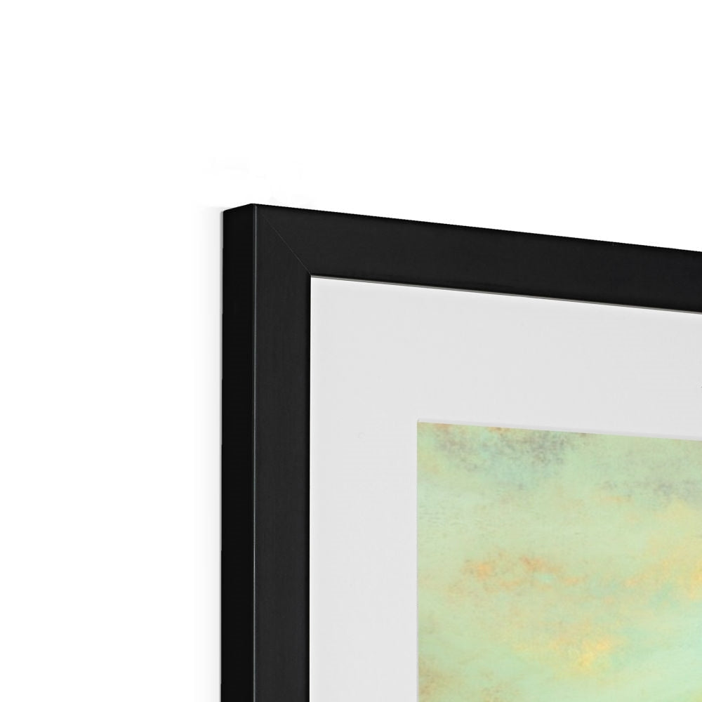 Corner of a black-framed print with white mat and light green yellow abstract artwork