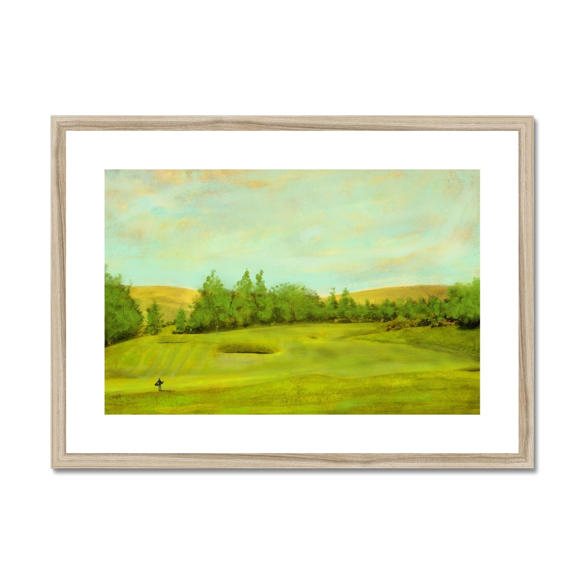 Framed golf course landscape painting displayed in Glen Eagles King’s Golf Course print