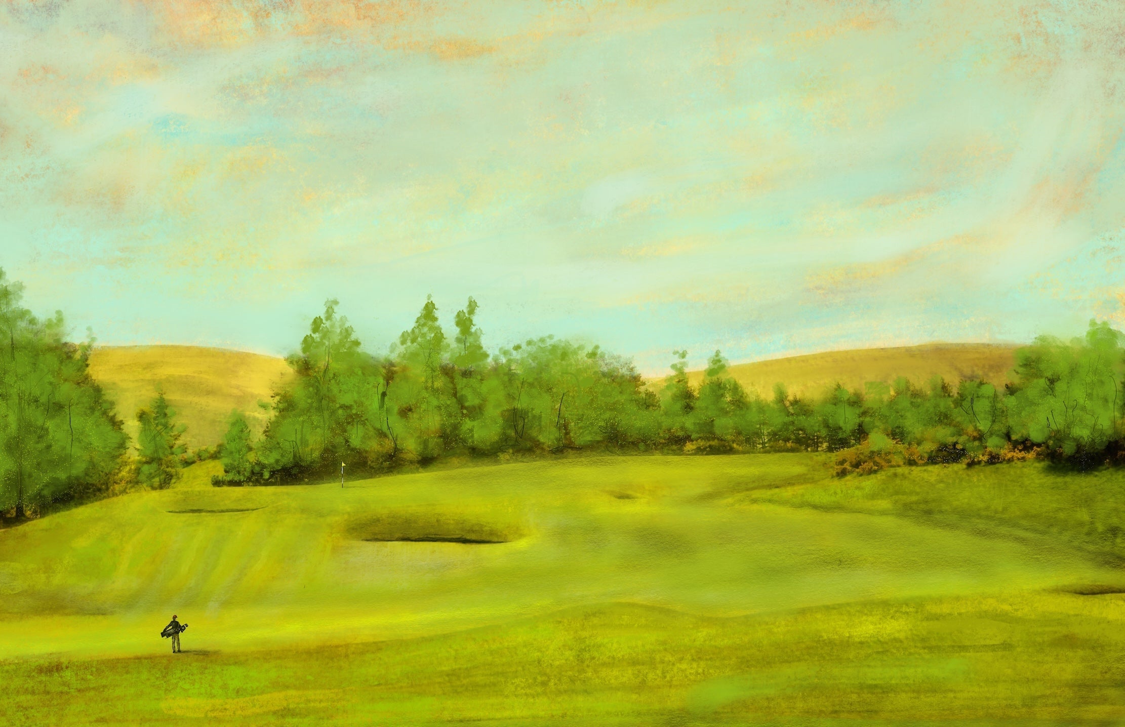 Vibrant oil painting of Glen Eagles King’s Golf Course landscape with a lone golfer