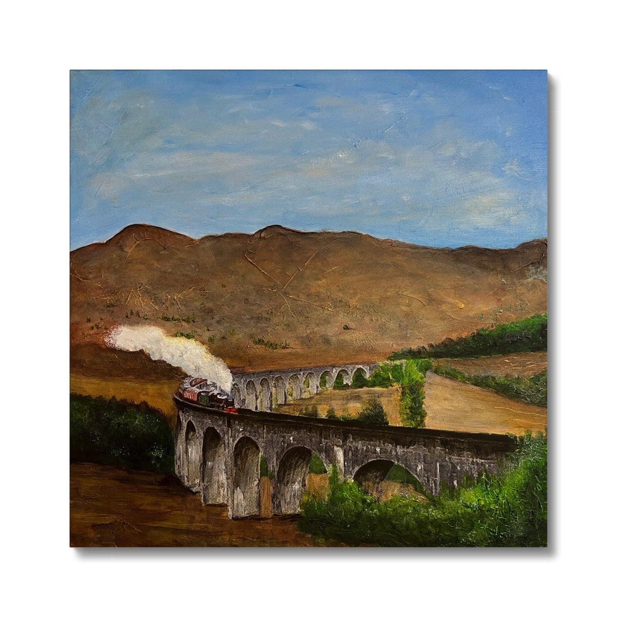 Vibrant Glenfinnan Viaduct Canvas featuring a steam train crossing a scenic rural landscape