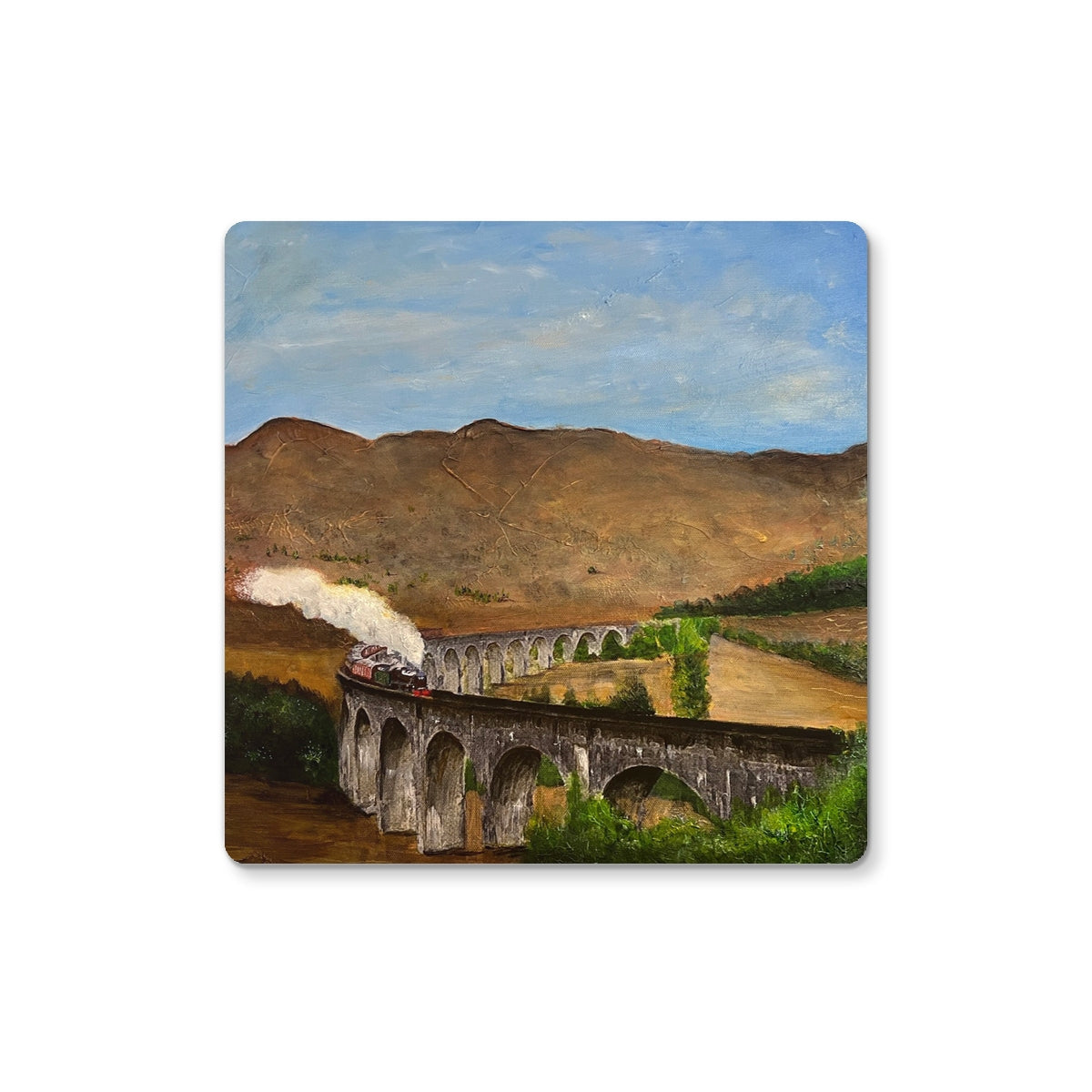 Oil painting of a steam train crossing Glenfinnan Viaduct in a mountainous landscape