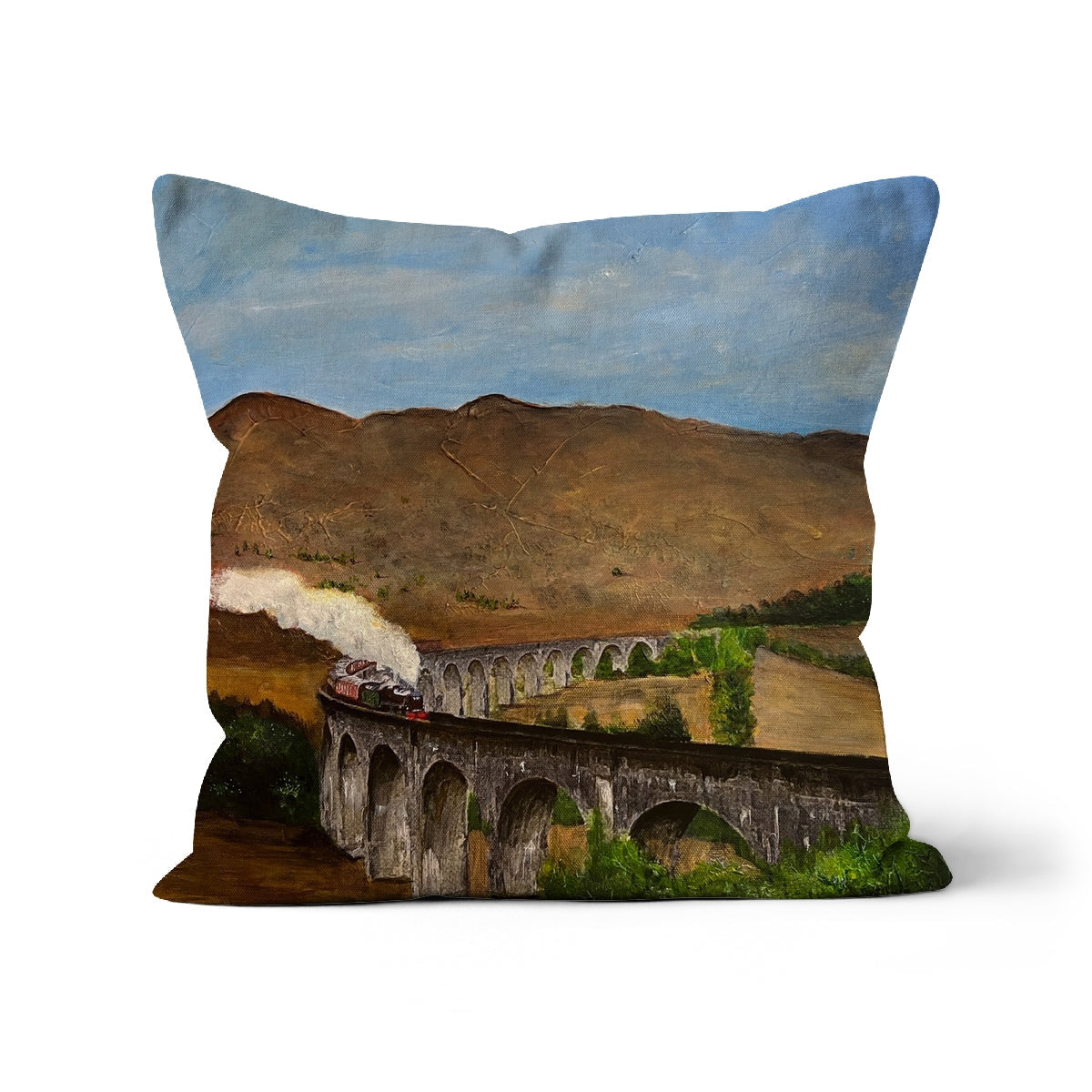 Decorative Glenfinnan Viaduct Cushion with steam train painting in mountainous landscape