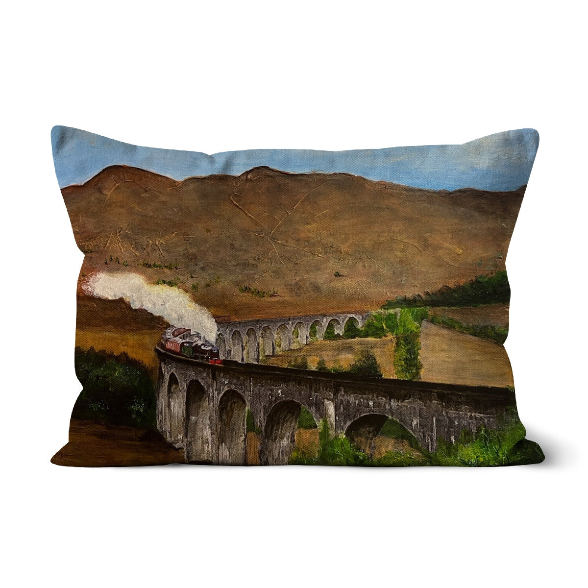 Glenfinnan Viaduct Cushion featuring a painting of a steam train crossing a mountainous viaduct