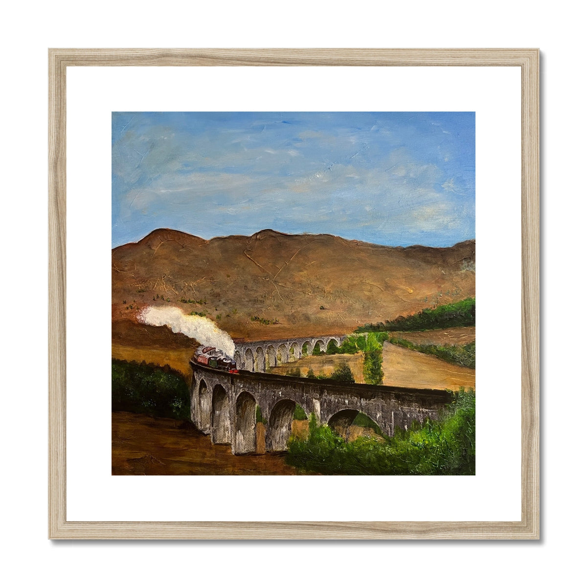 Oil painting of a steam train on Glenfinnan Viaduct in a mountainous landscape