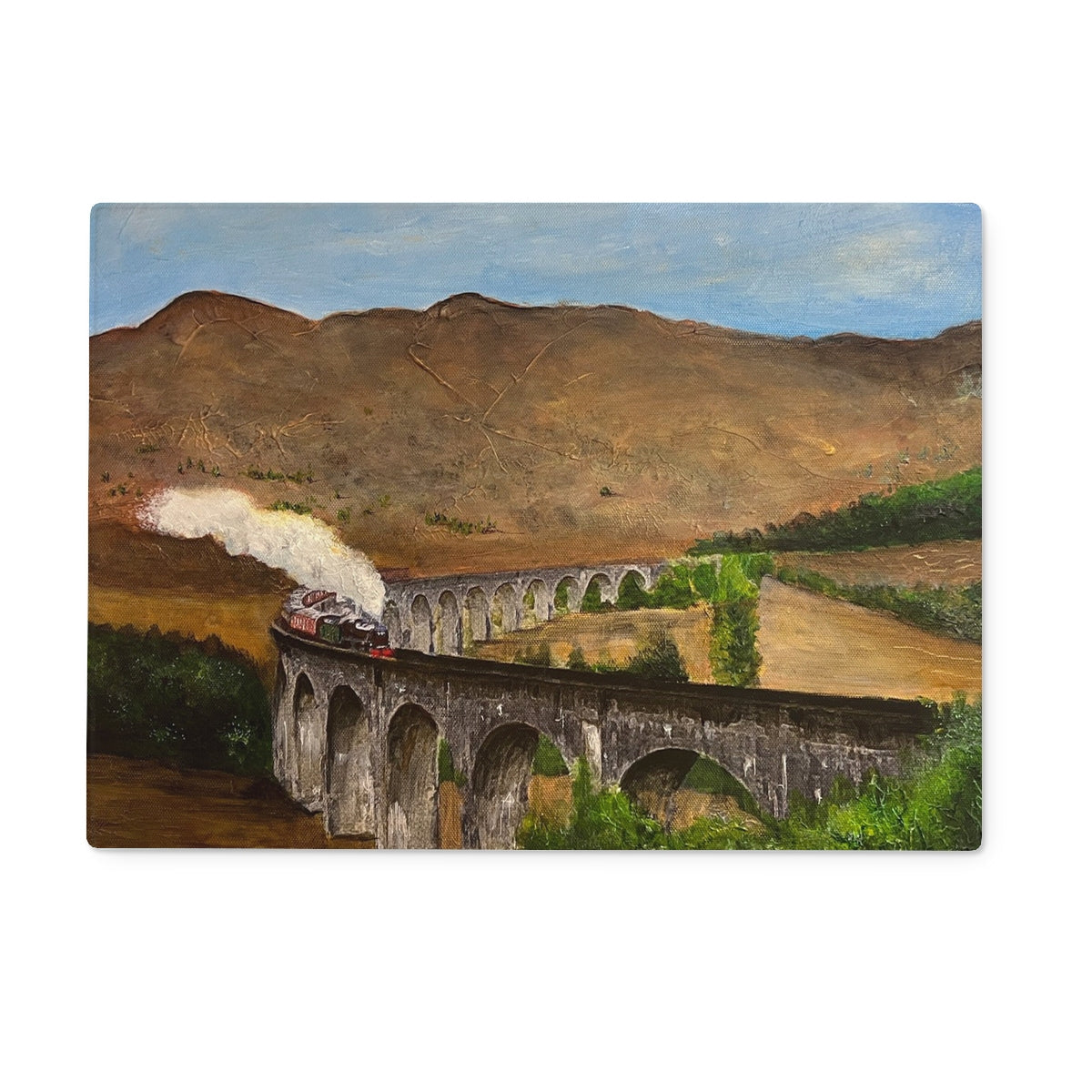 Vibrant painting of a steam train crossing Glenfinnan Viaduct in a mountain valley