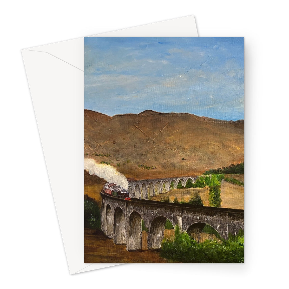 Glenfinnan Viaduct Greeting Card: White stone arch bridge with red steam train