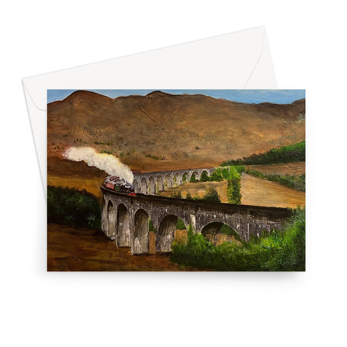 Glenfinnan Viaduct Greeting Card with painting of a steam train on the viaduct