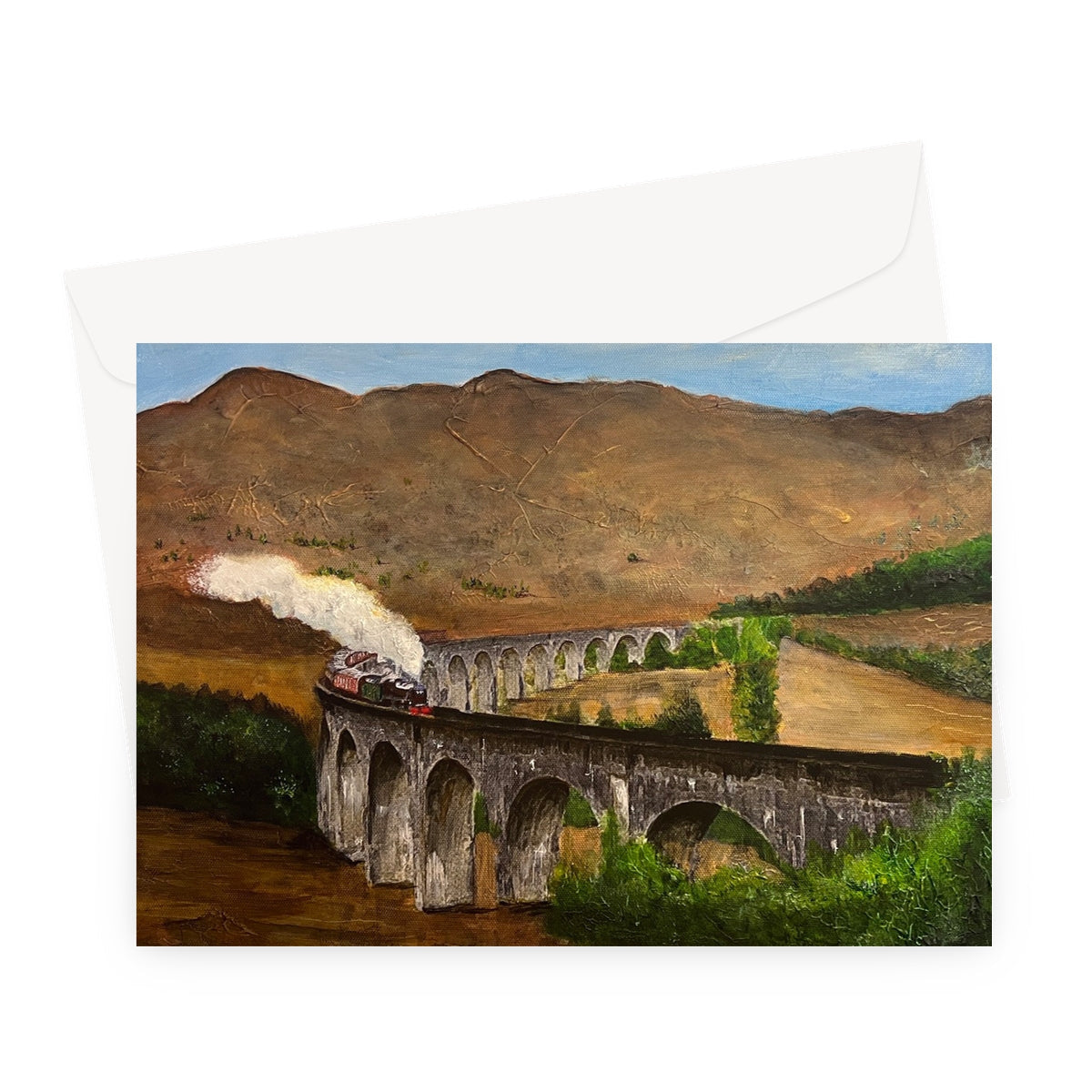 Glenfinnan Viaduct Greeting Card with artwork of a steam train crossing a stone viaduct in mountains