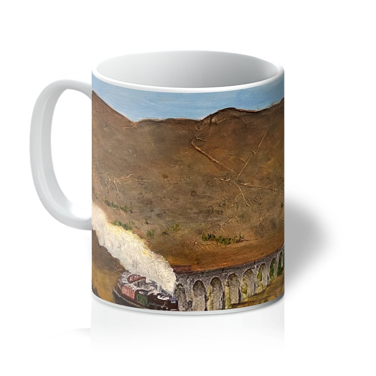 Glenfinnan Viaduct Mug: white ceramic with Courbet-inspired aqueduct landscape