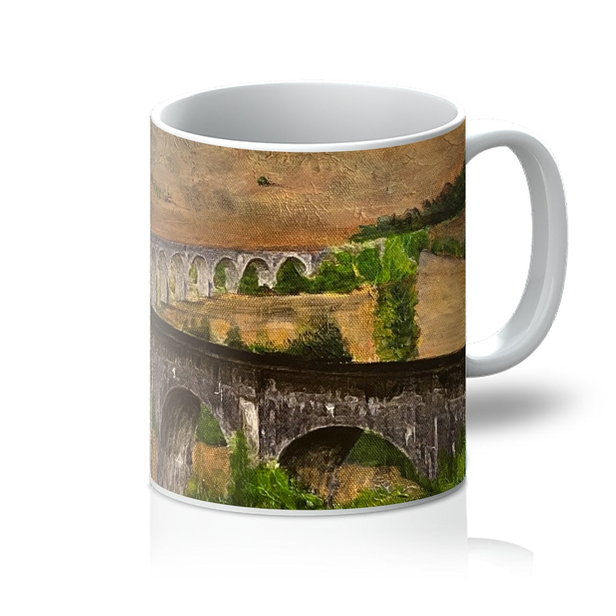White ceramic Glenfinnan Viaduct Mug with painted landscape of two viaducts