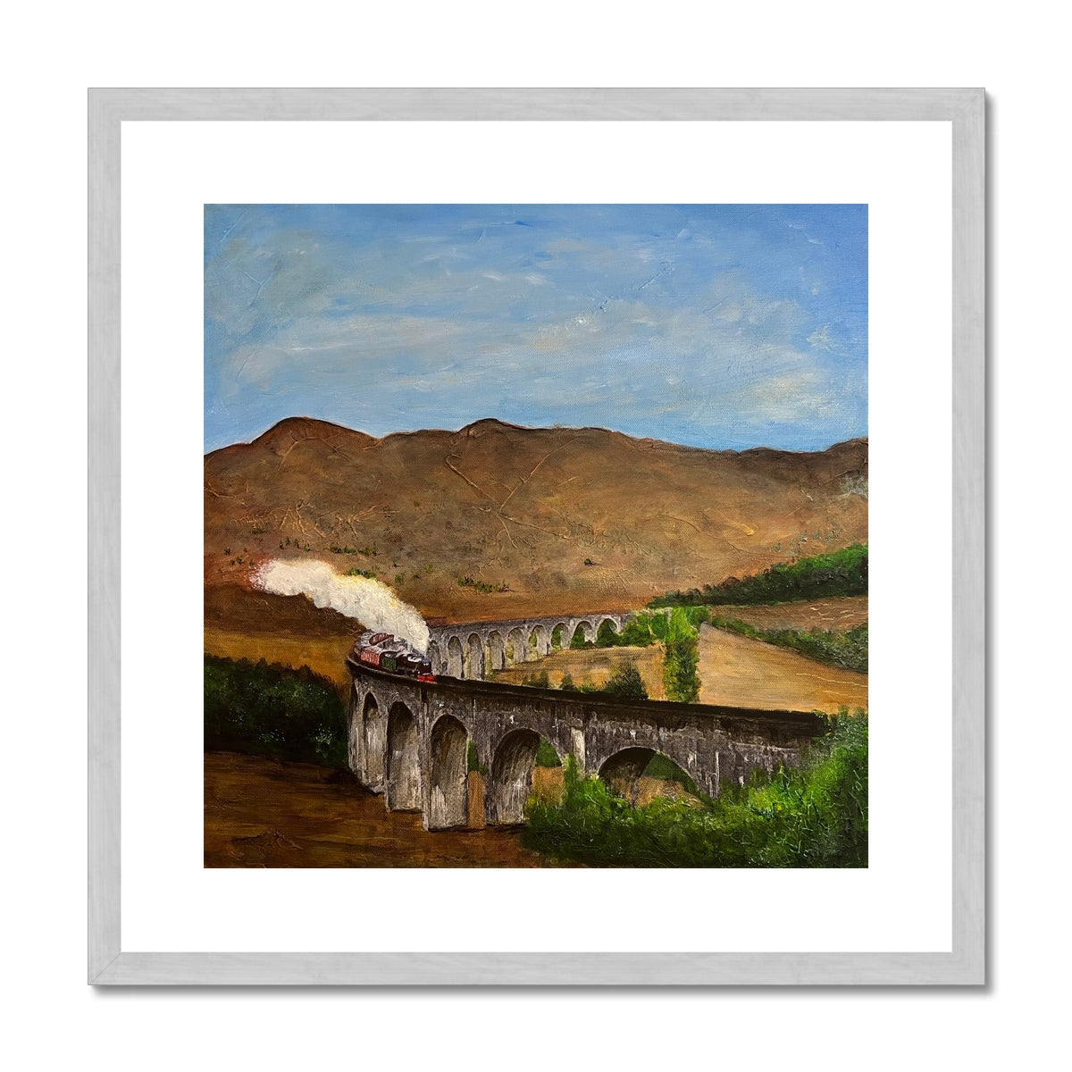 Glenfinnan Viaduct Painting | Antique Framed & Mounted Prints From Scotland-Antique Framed & Mounted Prints-Scottish Highlands & Lowlands Art Gallery-20"x20"-Silver Frame-Paintings, Prints, Homeware, Art Gifts From Scotland By Scottish Artist Kevin Hunter