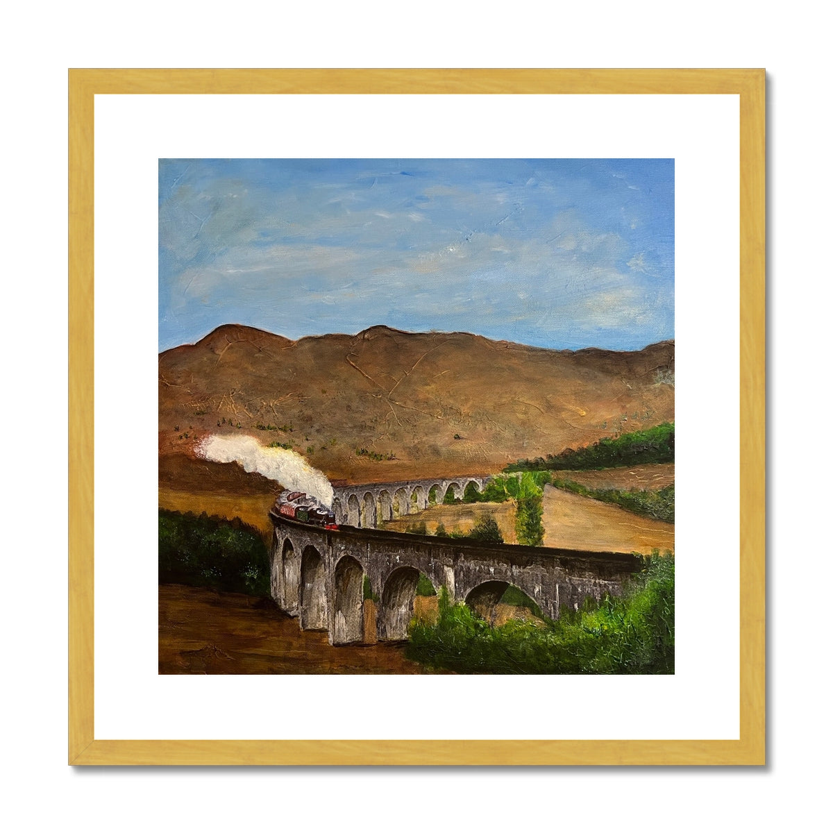 Glenfinnan Viaduct Painting | Antique Framed & Mounted Prints From Scotland-Antique Framed & Mounted Prints-Scottish Highlands & Lowlands Art Gallery-20"x20"-Gold Frame-Paintings, Prints, Homeware, Art Gifts From Scotland By Scottish Artist Kevin Hunter