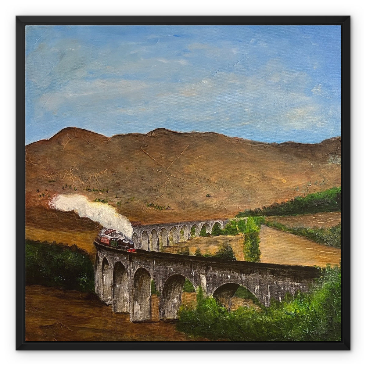 Glenfinnan Viaduct Painting | Framed Canvas From Scotland-Floating Framed Canvas Prints-Scottish Highlands & Lowlands Art Gallery-24"x24"-Paintings, Prints, Homeware, Art Gifts From Scotland By Scottish Artist Kevin Hunter