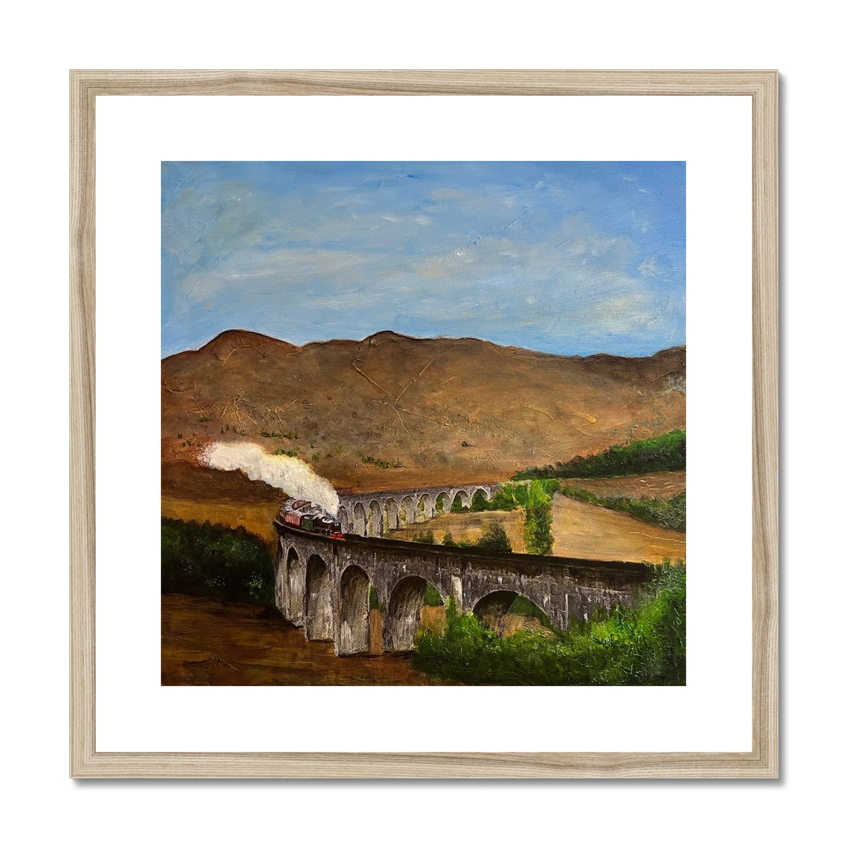 Glenfinnan Viaduct Painting | Framed & Mounted Prints From Scotland-Framed & Mounted Prints-Scottish Highlands & Lowlands Art Gallery-20"x20"-Natural Frame-Paintings, Prints, Homeware, Art Gifts From Scotland By Scottish Artist Kevin Hunter
