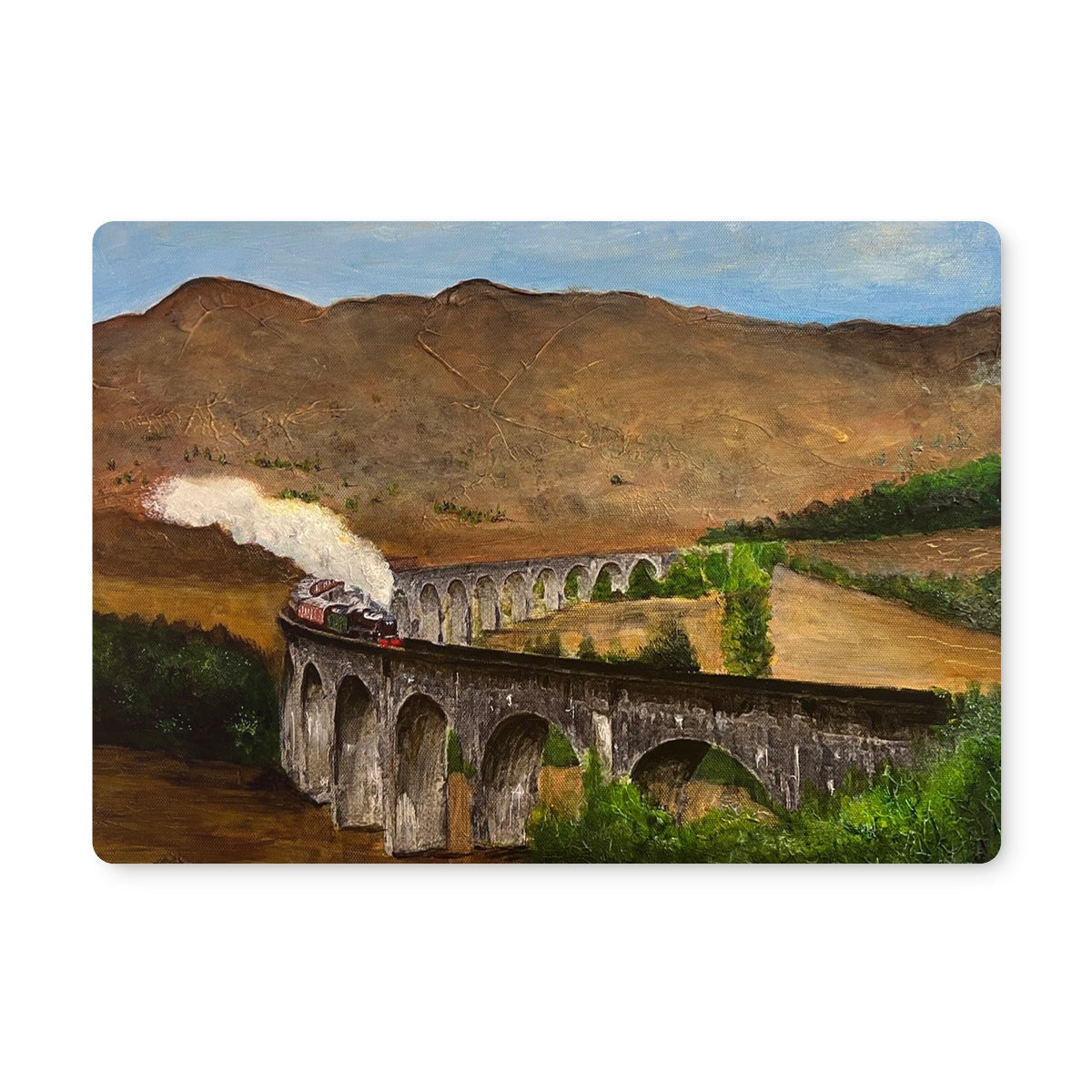 Painting of a steam train on Glenfinnan Viaduct in a mountainous landscape for placemat