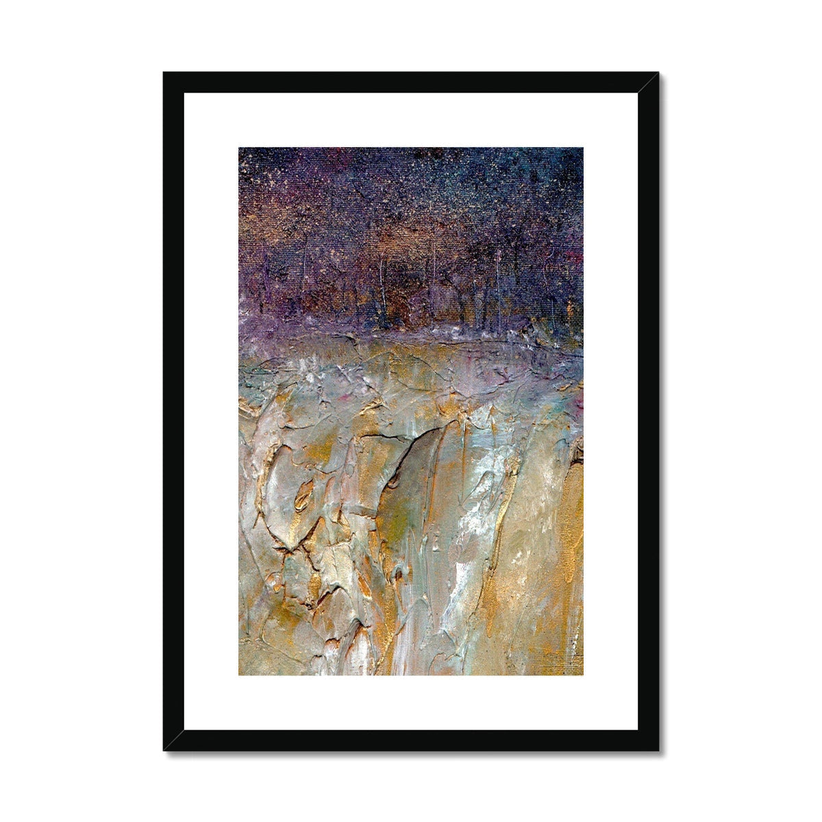 A Golden Forest abstract print in black frame with white matting, purple blue earthy tones