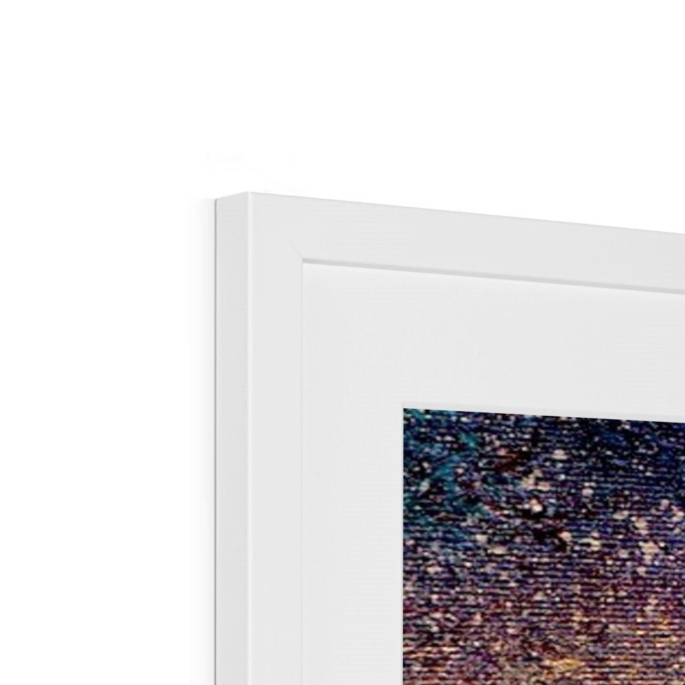 White-framed A Golden Forest print with textured blue-purple abstract design