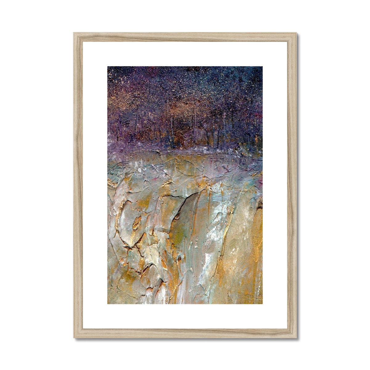 Framed abstract painting of A Golden Forest in earthy tones and purples