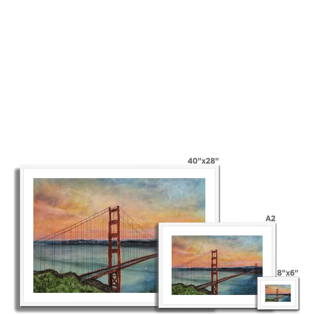 Golden Gate Bridge framed print in vibrant sunset hues