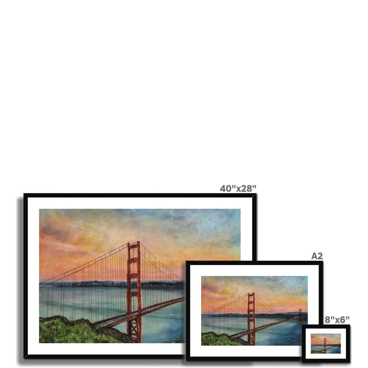 Golden Gate Bridge framed art print, black frame, white mat, 40x28 inches
