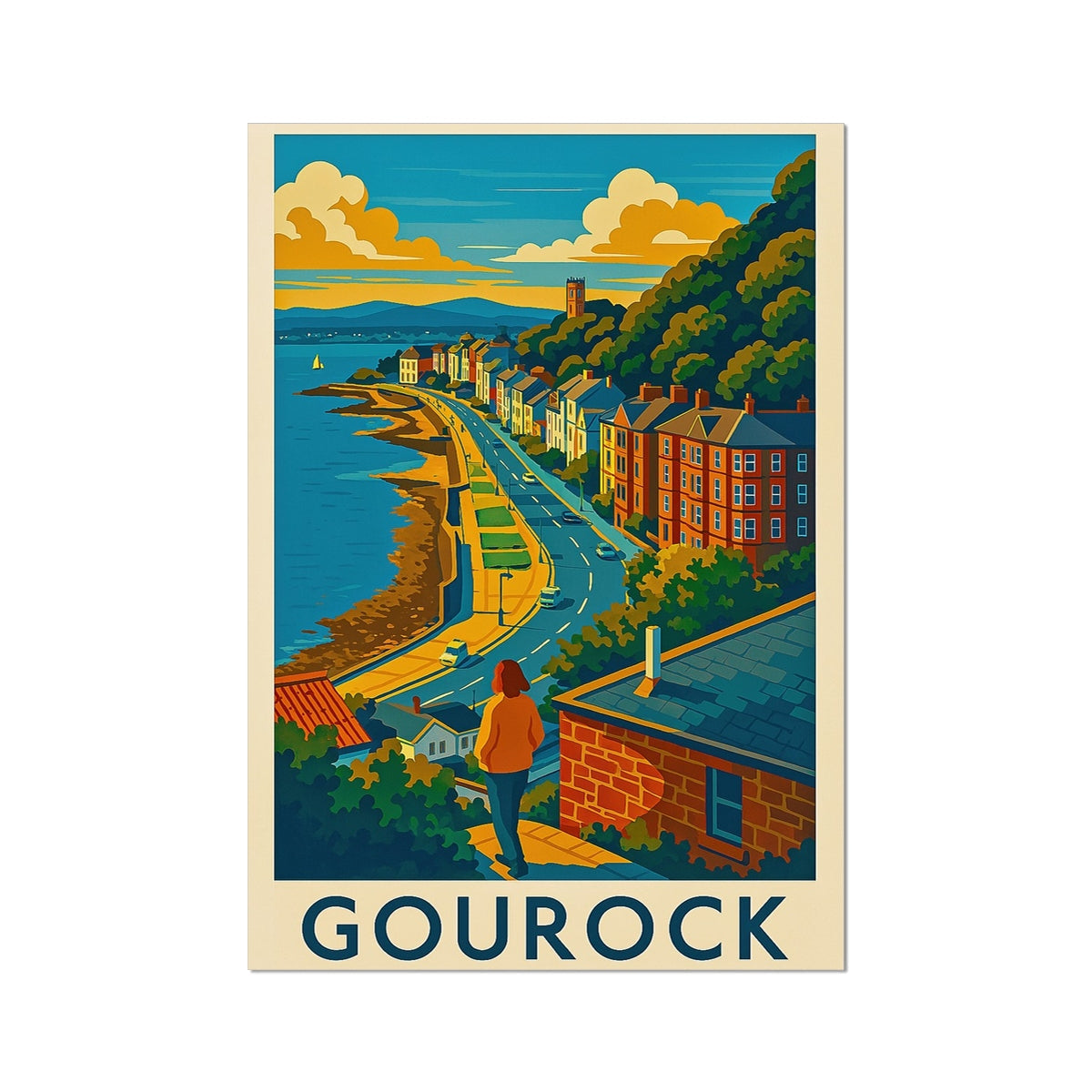 Vintage Gourock Scotland travel poster with coastal walk, Ashton Road print