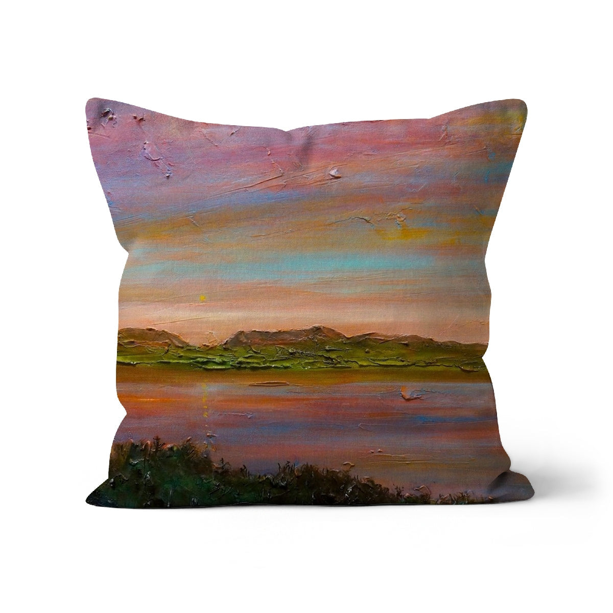 Square throw pillow featuring impressionistic landscape painting for Gourock Golf Club Sunset Cushion